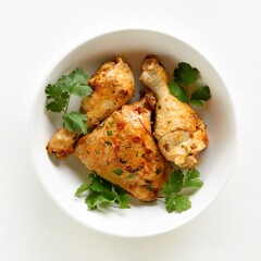 Baked chicken meat with herbs in bowl
