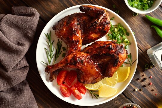 Delicious bbq half chicken, top view
