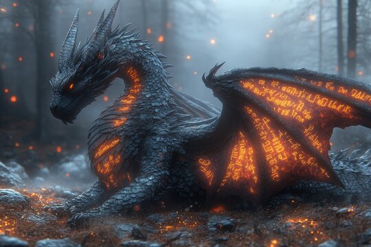 dragon born from myth, scales inscribed with ancient glowing alphabets