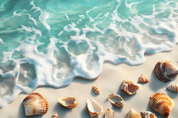 Tranquil beach scene with seashells and waves.