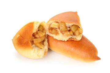 Tasty baked patties with apples isolated on white