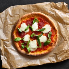 Pizza with mozzarella, pepperoni, tomato sauce and basil