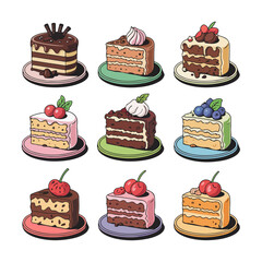 Colorful cartoon cake slices with various frostings and toppings like chocolate, whipped cream, cherries, strawberries, and blueberries. Sweet dessert icons.