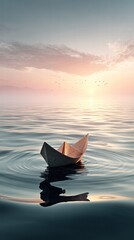 Fototapeta premium Tranquil Scene with Paper Boat Floating on Serene Water Surface