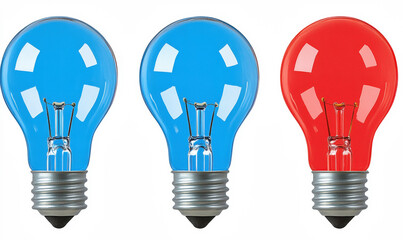 Colorful light bulbs in blue, red, and clear design on white background showcasing creativity, innovation, and bright ideas for various projects and themes