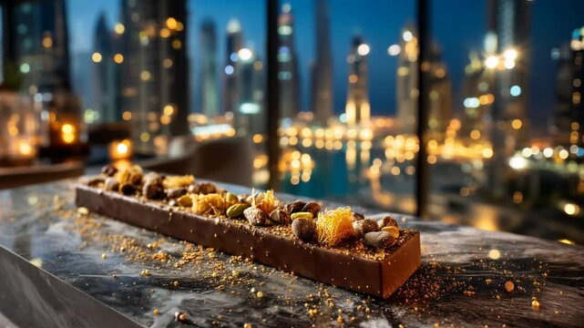 Luxury Dubai Chocolate bar sprinkled with golden nuts, resting on marble surface with glittering Dubai nighttime skyline backdrop