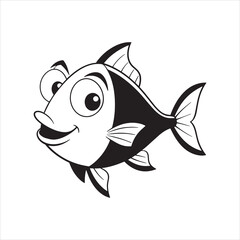 Fototapeta premium Black and White Cartoon Fish Vector – Fun Aquatic Character Line Art for Kids’ Coloring and Ocean Education