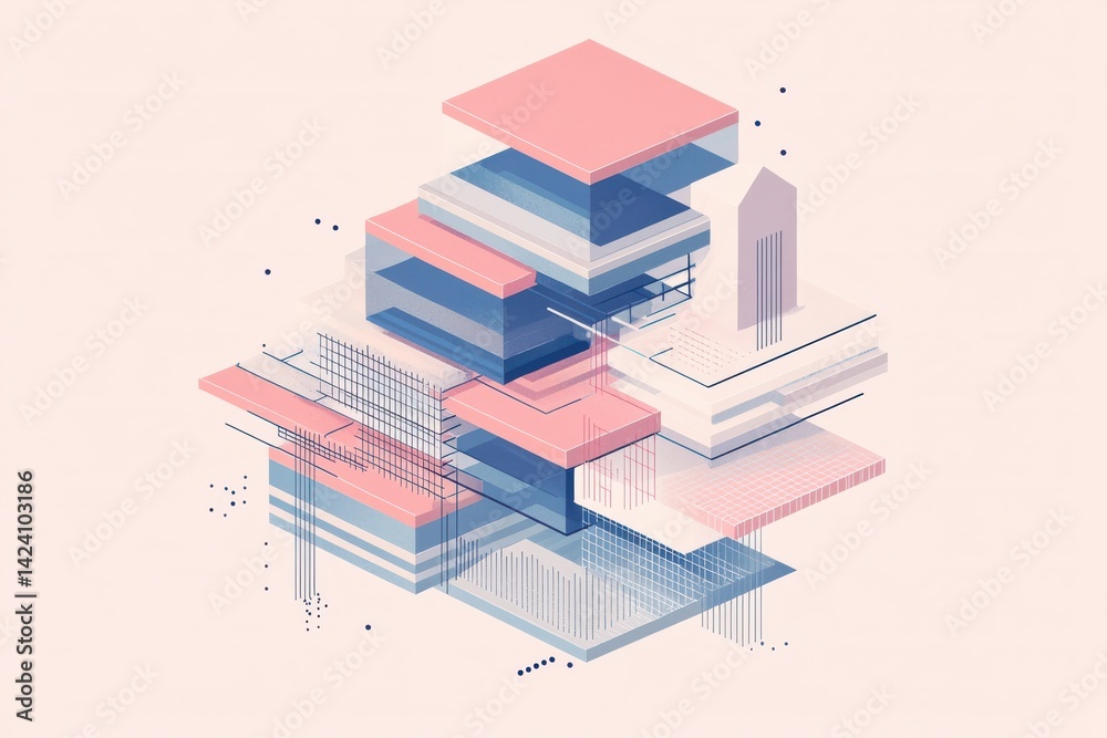 Poster abstract geometric layers in soft pink and blue tones for design use