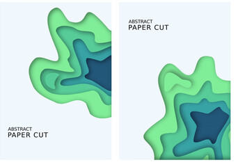 Modern green, mint, and blue paper cut poster template with layered abstract shapes. Trendy 3D style for creative flyers, banners, or background designs