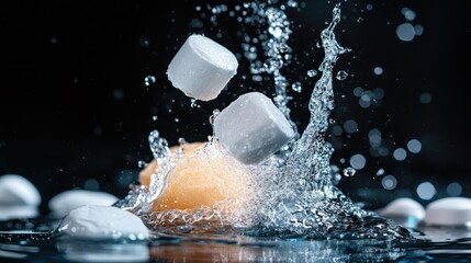 A dramatic splash of sugar cubes hitting water, creating a captivating and dynamic visual that symbolizes refreshment and enjoyment, perfect for food and beverage themes.
