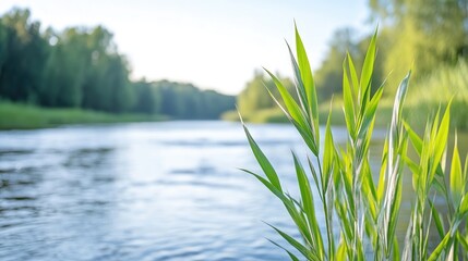 Obraz premium Lush green reeds by a calm river, serene summer landscape