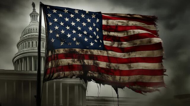 Tattered and dirty american flag waving in the wind in front of the United States Capitol