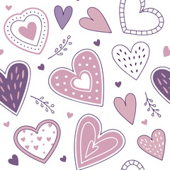 cute seamless pattern featuring doodle hearts with polka dots and decorations in pastel pink and purple