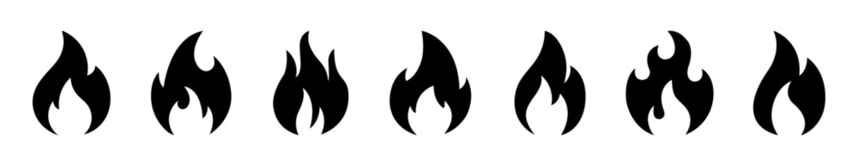 Set of black flame icons in modern silhouette style. Perfect for UI design, warning signs, heating, fire safety, and energy concepts. Includes various flame shapes in vector format. Flame, fire, icon.