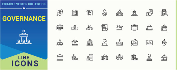 Governance modern icon set. Contain linear sign politics, democracy, foreign affairs, national, diplomacy and more. Government icon. Minimal thin line web icons set. Pixel perfect. Editable vector.