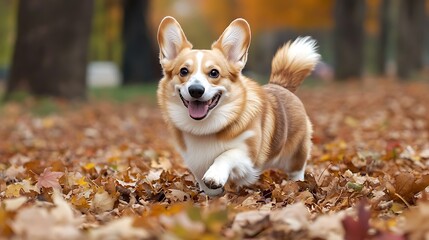 Corgi running happily through autumn leaves