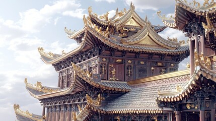 Naklejka premium Detailed view of ornate Chinese architecture. Complex roof structures and intricate carvings