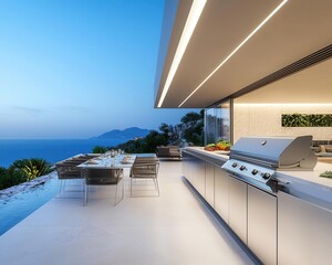 Obraz premium Stainless steel rooftop kitchen with frameless infinity grill, glass dining table, and sculptural outdoor lighting