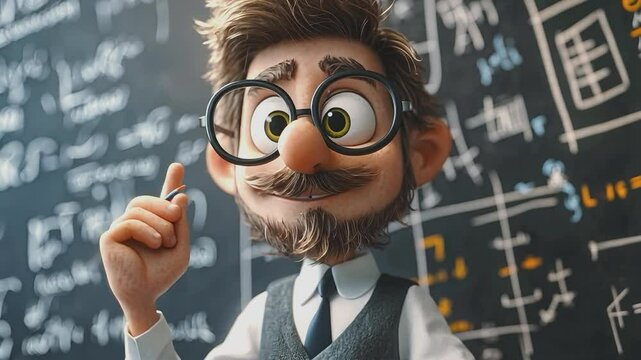 Smarty Cartoon Character: A close-up image of an cartoon professor is deep in thought in front of blackboard full of scientific formulas.