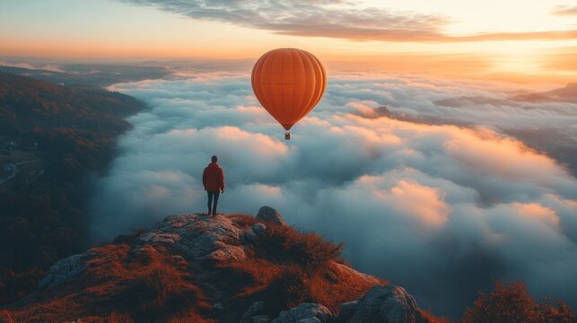 Man on mountaintop watching hot air balloon above clouds at sunrise.