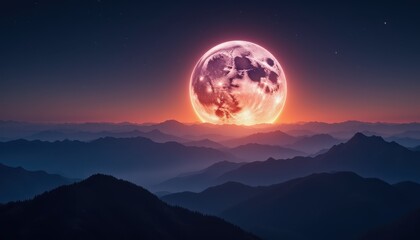 Pink moon over misty mountains