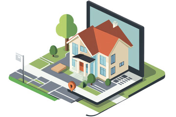 House on laptop with map isolated on transparent background