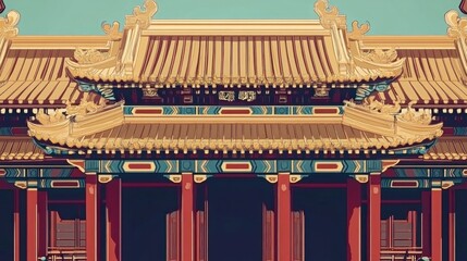 Naklejka premium Ornate Chinese temple facade. Detailed view of a traditional Chinese building's roof, pillars, and elaborate decorations