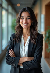 Friendly ceo leader smiling latin hispanic, middle eastern business woman standing in office looking at camera. Portrait of middle age manager specialist entrepreneur and businesswoman at workplace