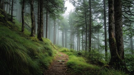 Fototapeta premium Misty Forest Path Green Lush Nature Trail Hiking Adventure Woodland Scene Tranquil Serene Peaceful Calm Magical Mysterious Enchanting Picturesque Breathtaking Stunning Beautiful Scenic Summer Day 