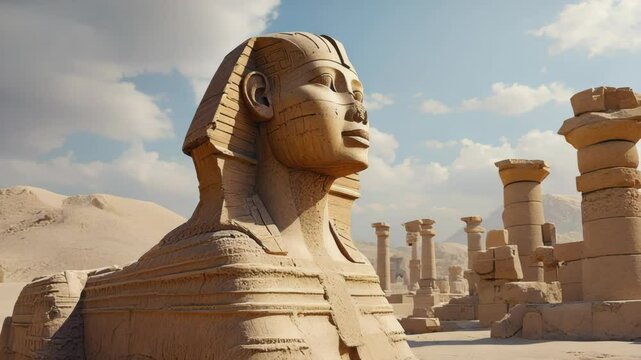 Majestic stone sphinx monument gazing towards sand dunes on a bright sunny day in the desert landscape surrounded by ancient ruins.