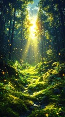 Obraz premium Enchanting Forest Path Bathed in Sunlight and Glowing Dust Particles