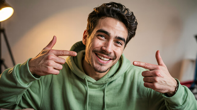 Cheerful young man in a mint green hoodie smiles brightly, pointing at his beaming face, radiating positivity and confidence indoors.