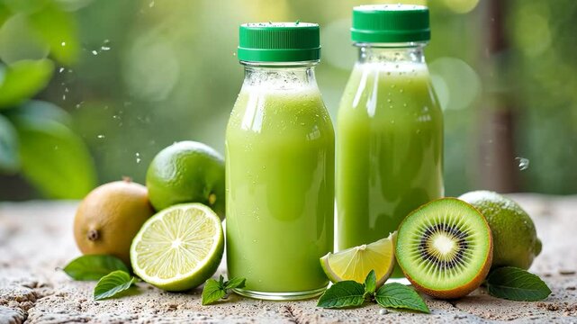 Refreshing kiwi lime smoothies in green-capped bottles with citrus fruits, organic summer beverage for detox, immune boost, and wellness lifestyle. 4K, motion