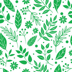 seamless pattern with vivid green leaves and flowers creating lush natural botanical background design