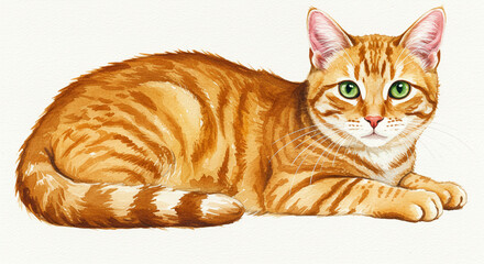 Watercolor illustration of a charming orange tabby cat with striking green eyes