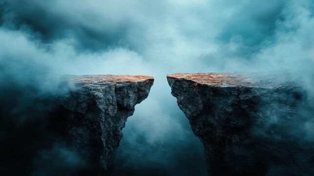 The image showcases a breathtaking chasm surrounded by fog, representing the divide between two realms, encapsulating mystery, adventure, and the unknown of human experience.