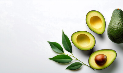 top view of halved avocado on a white background. Healthy Background