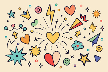 Colorful doodle pattern with hand drawn cartoon elements including stars hearts arrows lightning bolts