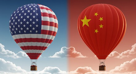 Two hot air balloons one with the american flag and the other with the chinese flag in the sky