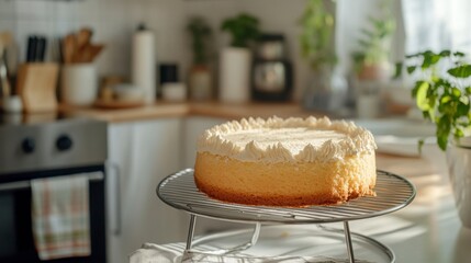 Fluffy chiffon cake sitting on a round cooling rack, simple kitchen decor