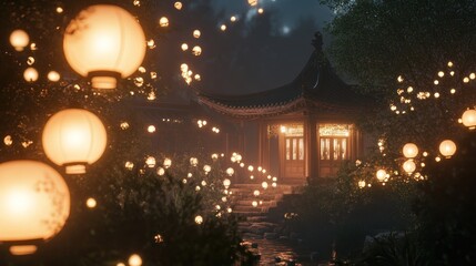 Enchanted Asian garden at night, lit by lanterns