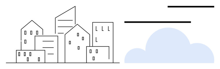 Cluster of geometric buildings paired with a soft cloud and sleek abstract lines. Ideal for urban development, community planning, weather forecast, sustainability, design thinking, modernization