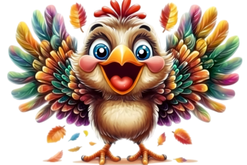 Joyful Cartoon Bird with Colorful Feathers and Transparent Background Illustration