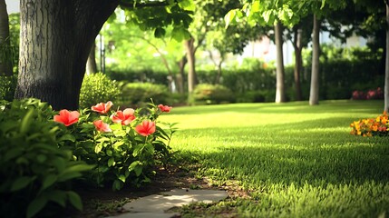 Lush Garden Oasis Vibrant Hibiscus Blooms Near Majestic Tree Sunlit Lawn Tranquil Path