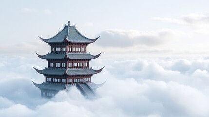 Elegant pagoda floats serenely amidst soft clouds