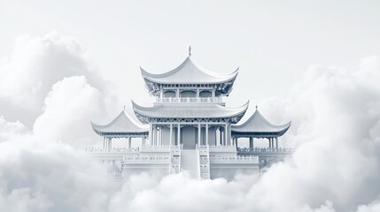 Ethereal white temple on clouds