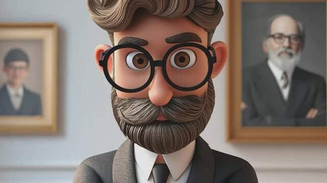 Professor in Gallery: A whimsical 3D-rendered cartoon portrait of a professor with a handlebar mustache and glasses, standing in an art gallery with framed portraits in the background.