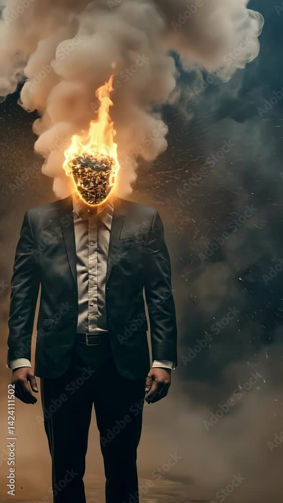 Poster surreal animation of a businessman with his head on fire, standing still as smoke billows around him