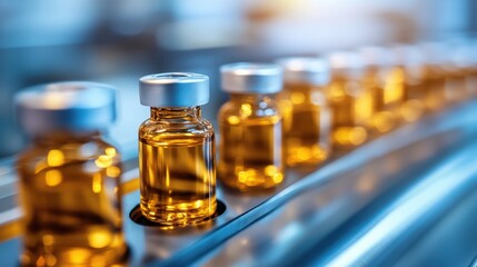 Medical vials on production line at pharmaceutical factory, Pharmaceutical machine working pharmaceutical glass bottles production line, health care, pandemic