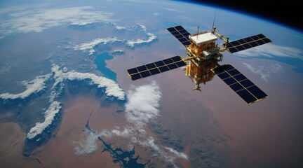 Fototapeta premium A satellite orbits Earth, showcasing a view of land and water below, framed by a vast expanse of space.